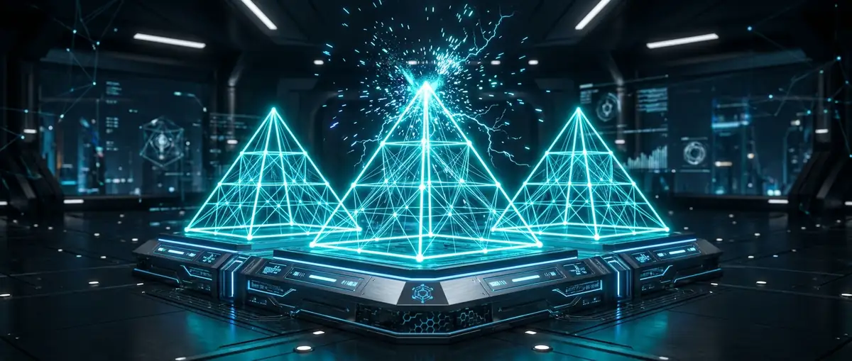 Three glowing cyan wireframe pyramids