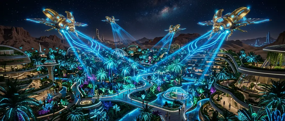 Glowing solarpunk oasis at night with floating scarabs